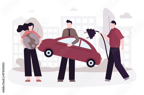 Cartoon people charging eco transport. Happy team charge electrified future transportation. Men hold electric car and plug for charging motor photo