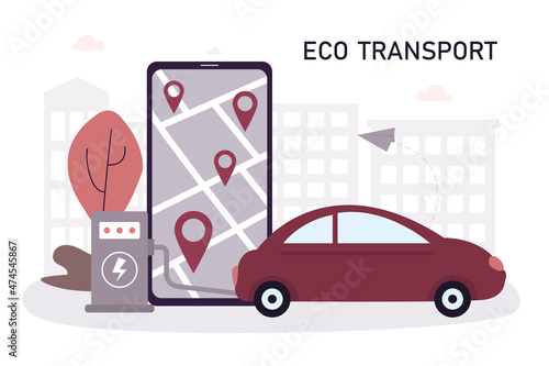 Eco transport. Cartoon mobile phone with application for finding points for charge eco car. Electric vehicle charging at station. Electrified future transportation