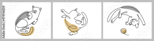 Cats lying on its back in continuous line style. Modern cats with abstract shapes, one line drawing. Set of trendy minimalist posters with sleeping, playing, relaxing Cats. Pet logo. Vector