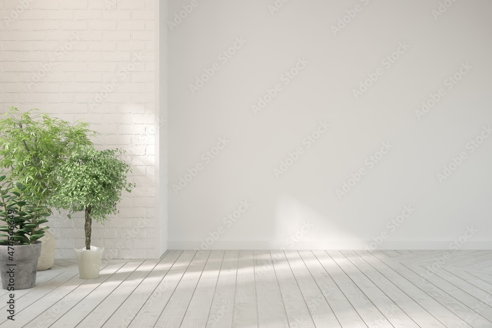 White empty room with brick wall and green home plants. Scandinavian interior design. 3D illustration White empty room with brick wall and green home plants. Scandinavian interior design. 3D illustration