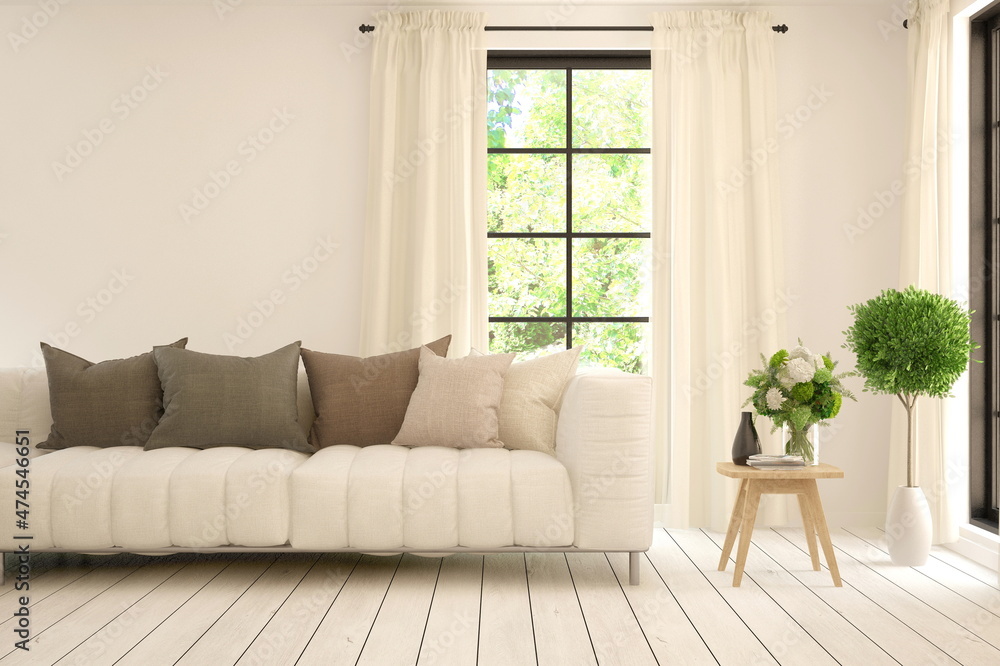 White living room with sofa and summer landscape in window. Scandinavian interior design. 3D illustration White living room with sofa and summer landscape in window. Scandinavian interior design. 3D illustration