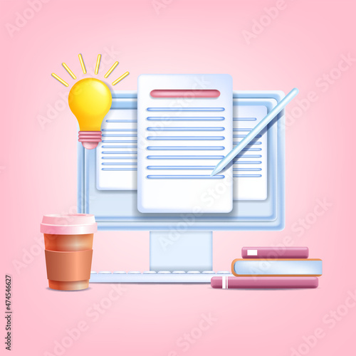 3D content vector illustration, online storytelling writing concept, web document paper, SMM icon. Blog marketing text, article feedback, digital education course. 3D content banner, computer screen