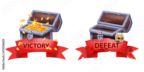 Victory defeat game badge, old gold chest, vector pirate treasure open trunk icon, full empty secret case. Corsair wooden ancient box, UI game over ribbon sign, coin pile, skull. Victory success badge