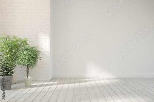 White empty room with brick wall and green home plants. Scandinavian interior design. 3D illustration