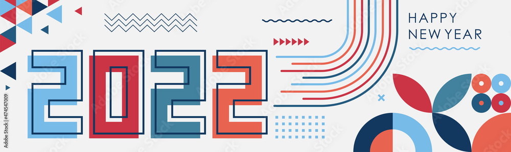 happy new year 2022 text design with modern geometric abstract background in retro style. Greeting card banner for 2022 calligraphy includes colorful red blue shapes. Vector illustration