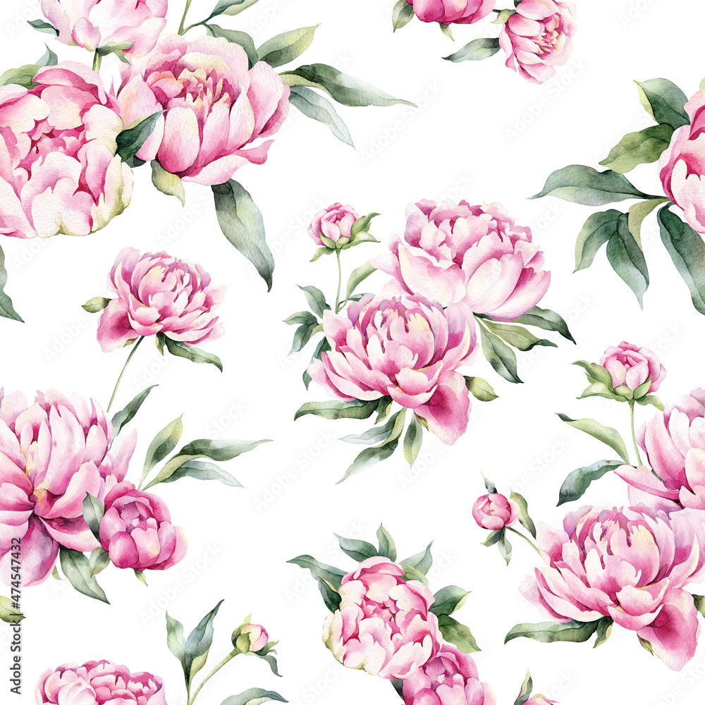 Floral print, watercolor flowers of peonies. Pattern with spring peonies isolated on white background, may be used as background texture, wrapping paper, textile or wallpaper design
