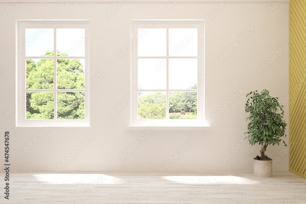 Fototapeta premium White empty room with summer landscape in window. Scandinavian interior design. 3D illustration