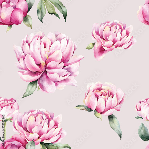Floral print, watercolor flowers of peonies. Pattern with spring peonies isolated on a gentle pastel background, may be used as background texture, wrapping paper, textile or wallpaper design © Aleksa