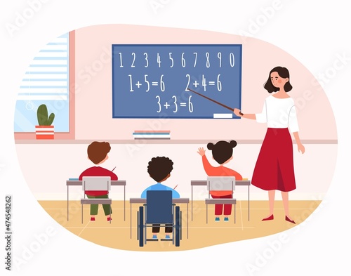 Disabled child in classroom. Teacher shows pointer to blackboard, metaphor for learning and equal opportunity. Special schools, educational institutions, knowledge. Cartoon flat vector illustration
