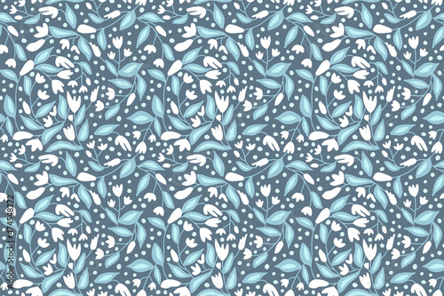 Seamless floral pattern in sky blue, white and navy slate. 