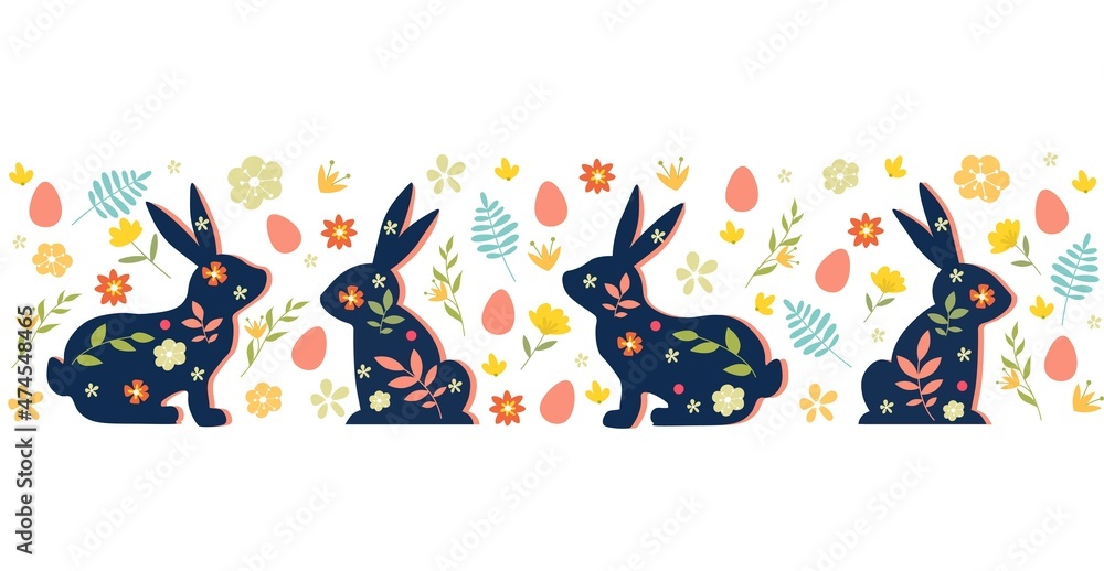 Obraz premium Happy Easter set. Collection of bunnies as background. Repetitive patterns proportion of wrapping paper or printing on linens. Holiday posters, cute banners. Cartoon flat vector illustration