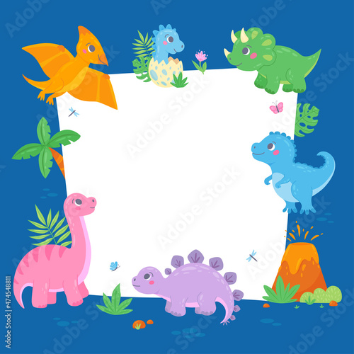 Fototapeta Naklejka Na Ścianę i Meble -  Cute little dinosaurs with a frame in hand-drawn cartoon style. Funny colorful characters with volcano, palm tree, tropical leaves. Template for text or photo. Vector illustration can be used for