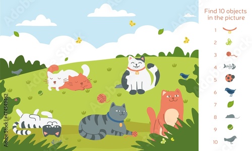 Find ten objects with cats. Developing pictures. Education, development of mindfulness and other abilities in child. Finding Difference, Concentration Exercises. Cartoon flat vector illustration © Rudzhan