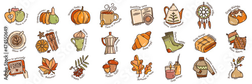 Set of color hand-drawn autumn mood vector icons in doodle style. Cozy cute cartoon collection isolated on white background for seasonal decoration.	