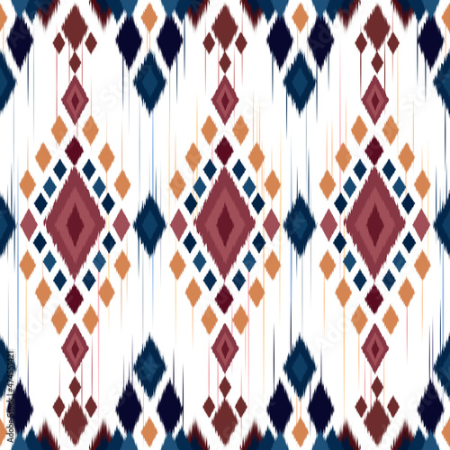 Geometric ikat pattern. Diamond shape. Folklore ornament. Ikkat. Ethnic pattern. Abstract beautiful art. Spanish motif on the carpet. Aztec style.