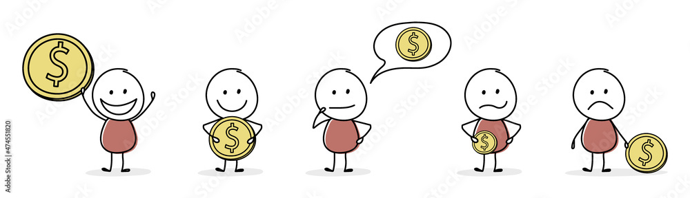 Money investing concept with cartoon businessman. Icon collection. Vector Money investing concept with cartoon businessman. Icon collection. Vector