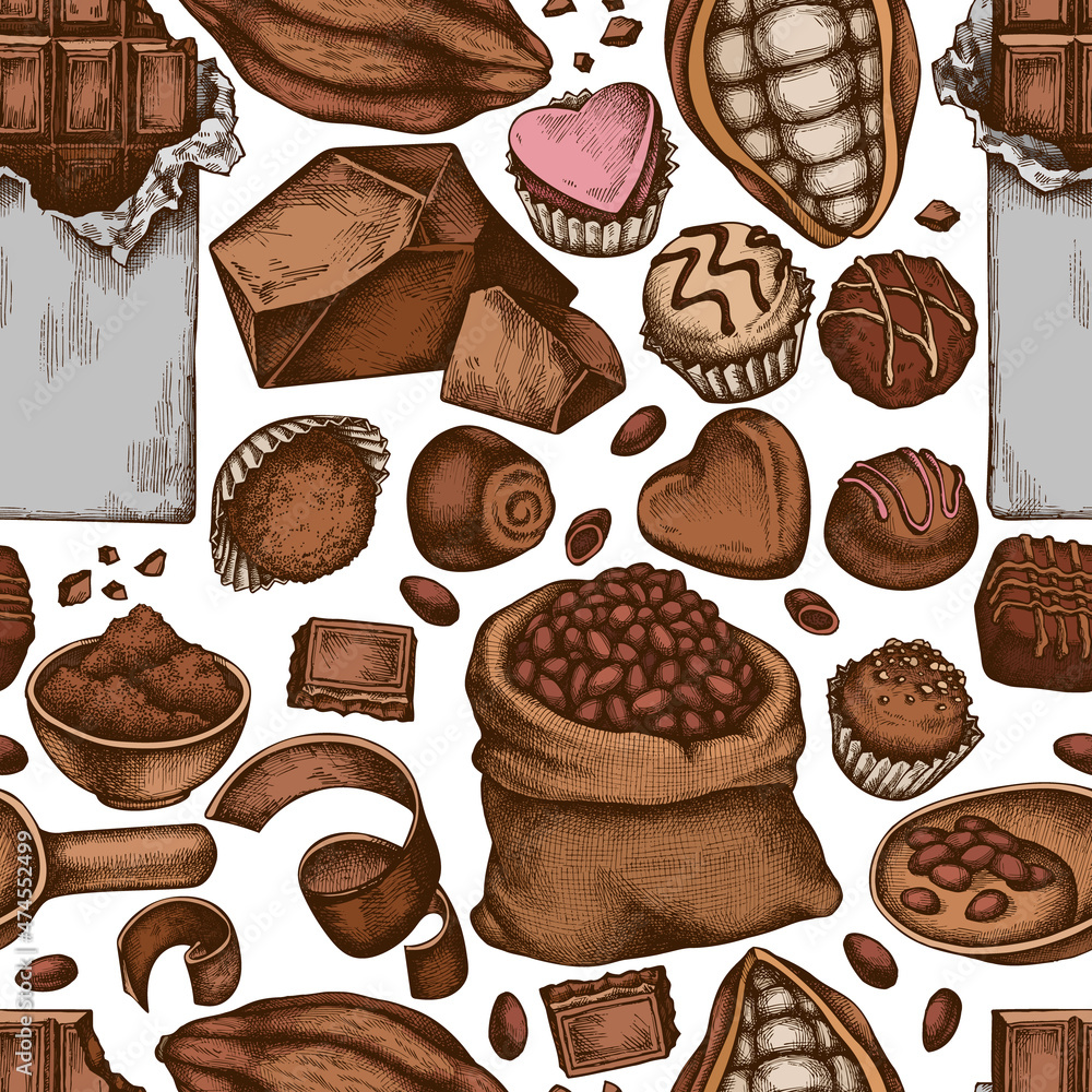 Seamless pattern with hand drawn colored cocoa beans, cocoa, chocolate, chocolate candies Seamless pattern with hand drawn colored cocoa beans, cocoa, chocolate, chocolate candies