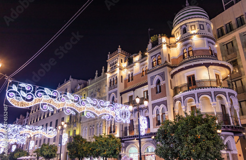 Christmas lights decoration Constitution avenue, Avenida de la Constitución, in Seville, Andalusia, Spain
