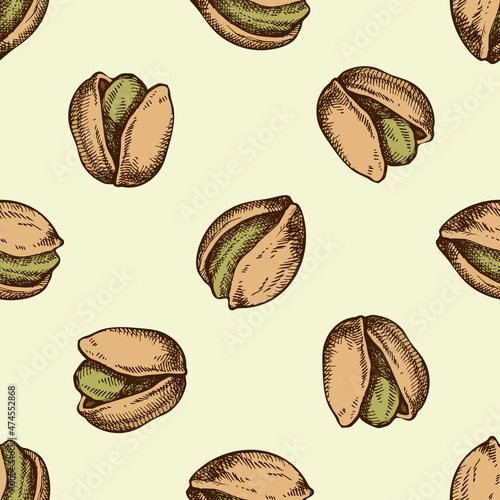 Seamless pattern with hand drawn colored pistachio