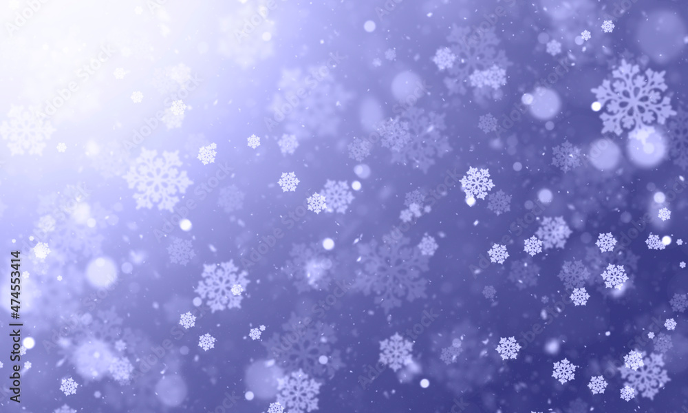 Festive abstract background with snowflakes and bokeh and snow on a dark background. Color Very Peri Festive abstract background with snowflakes and bokeh and snow on a dark background. Color Very Peri