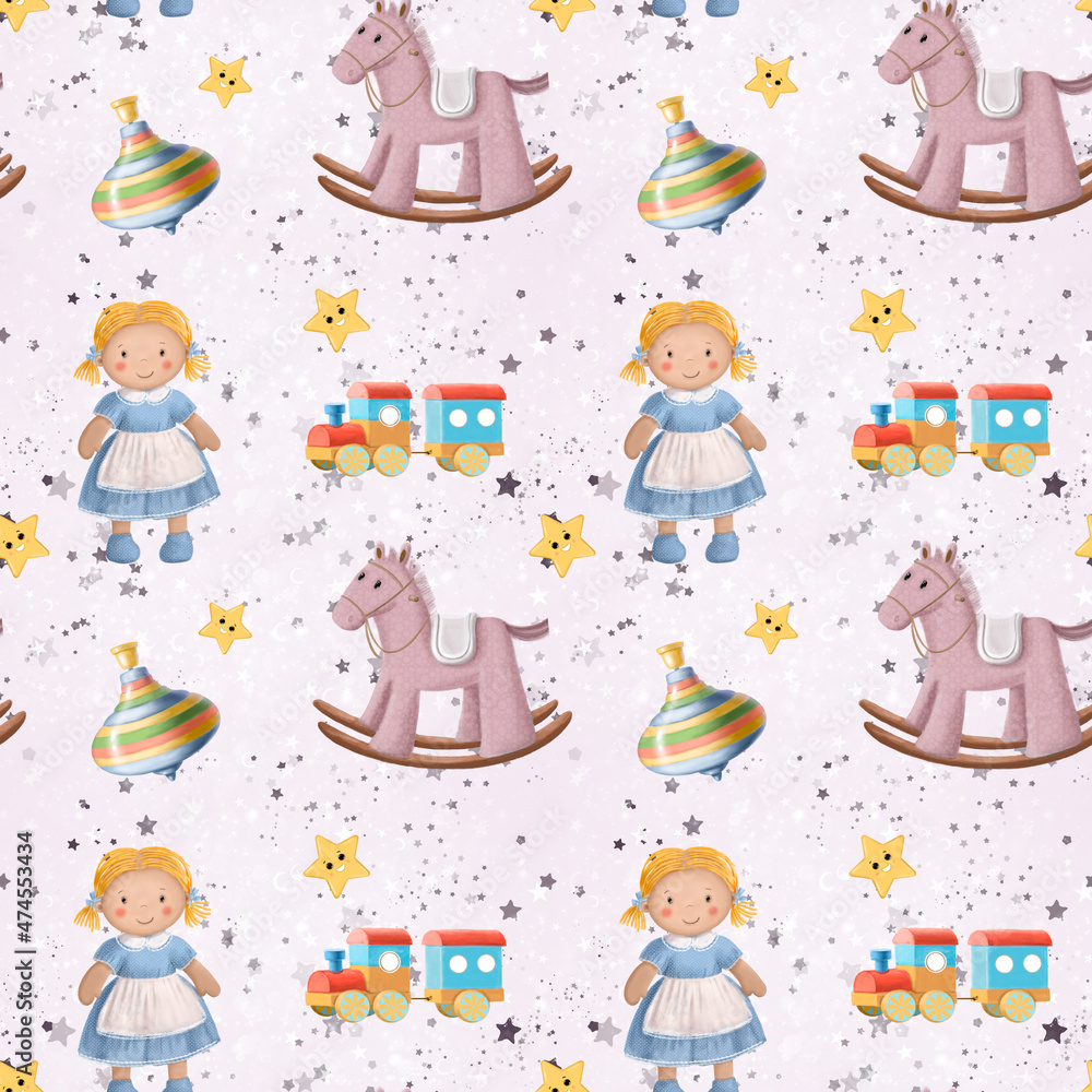 Fototapeta premium newborn room seamless pattern with doll and toys, colorful background, children's wallpaper