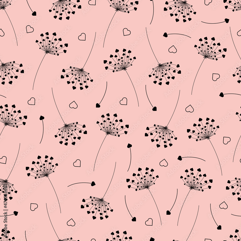 Seamless pattern with contour dandelion flower with hearts
