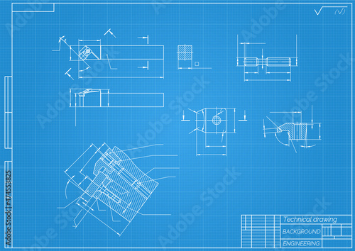 Mechanical engineering drawings on blue background. Cutter, assembly tool with replaceable multi-faceted plate. Technical Design. Cover. Blueprint. Vector illustration.