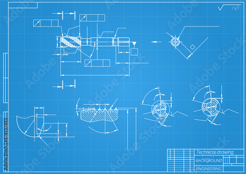 Mechanical engineering drawings on blue background. Tap tools, borer. Technical Design. Cover. Blueprint. Vector illustration.