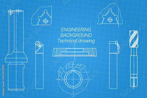Mechanical engineering drawings on blue background. Tap tools, borer, cutting tools, milling cutter. Technical Design. Cover. Blueprint. Vector illustration.