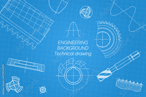 Mechanical engineering drawings on blue background. Tap tools, borer, cutting tools, milling cutter. Technical Design. Cover. Blueprint. Vector illustration.