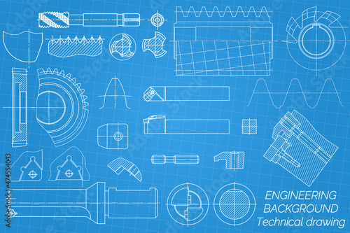 Mechanical engineering drawings on blue background. Tap tools, borer, cutting tools, milling cutter. Technical Design. Cover. Blueprint. Vector illustration.