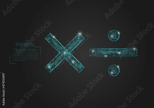Abstract isolated blue image of a math signs. Polygonal illustration looks like stars in the blask night sky in spase or flying glass shards. Digital design for website, web, internet.