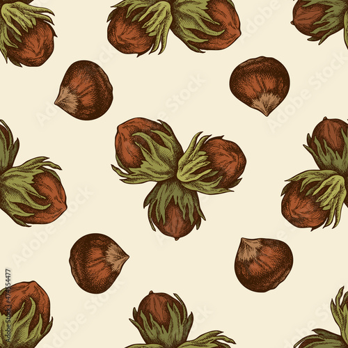 Seamless pattern with hand drawn colored hazelnut, letters