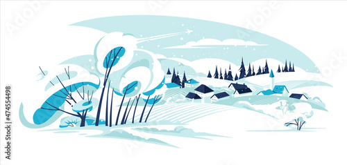 Empty winter village with church among snowy  fields and coniferous trees. Horizon scene. Flat vector illustration.