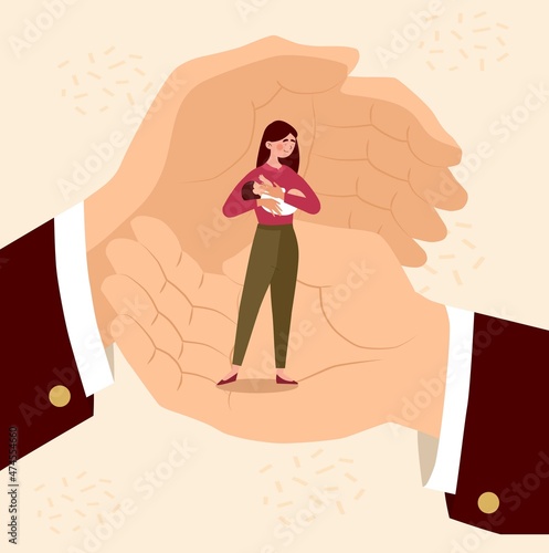 Help hands with mother. Girl under protection holds baby in her arms, mom rocks children. Metaphor of help from state, graphic elements for site. Safety, reliability. Cartoon flat vector illustration