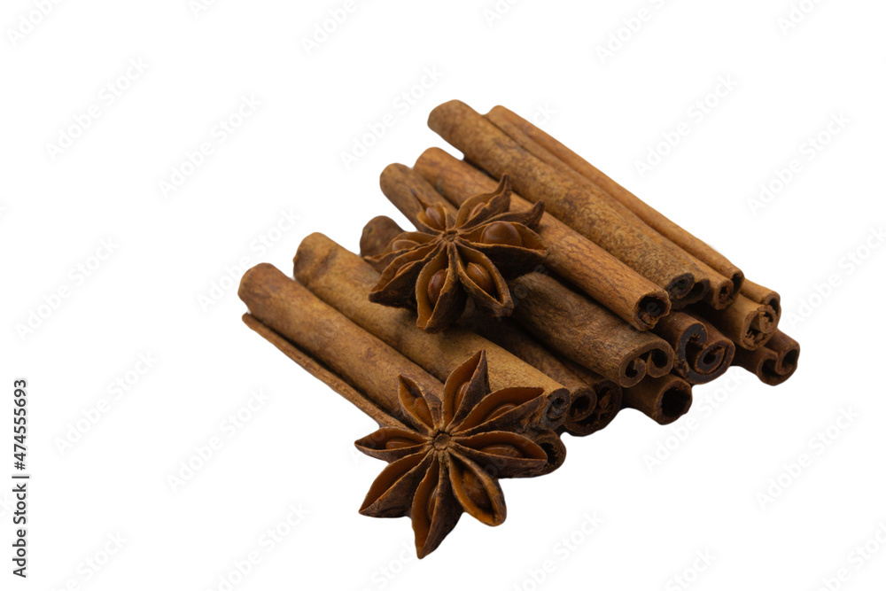 cinnamon sticks and anise stars isolated on white background, healthy eating, copy space, horizontal cinnamon sticks and anise stars isolated on white background, healthy eating, copy space, horizontal