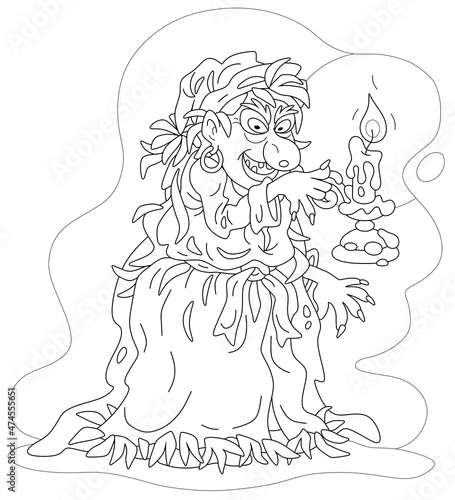 Angry witch practicing witchcraft with a burning magical candle, black and white vector cartoon for a coloring book page