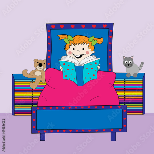 Niña leyendo un libro acostada en la cama de su habitación.