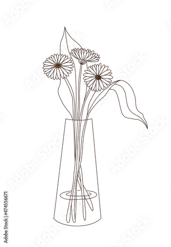 Glass vase with flowers. Modern lineart illustration on white background