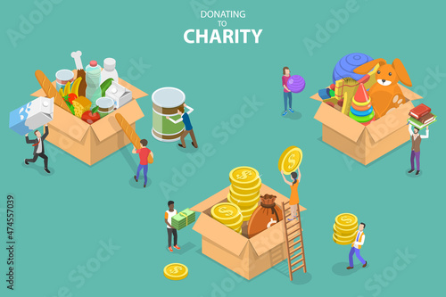 3D Isometric Flat Vector Conceptual Illustration of Donating To Charity, Volunteering and Social Assistance