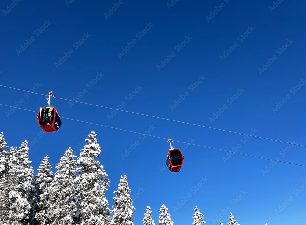 Red cable car and snow covered pine trees against blue sky in winter ski resort Golm, Montafon, Austria. Red cable car and snow covered pine trees against blue sky in winter ski resort Golm, Montafon, Austria.