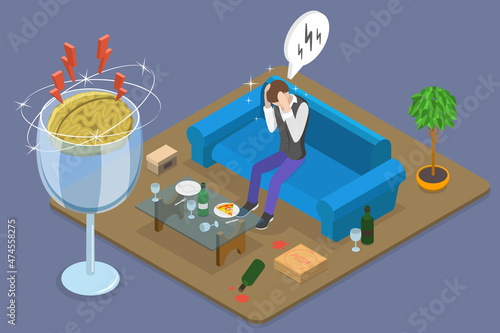 3D Isometric Flat Vector Conceptual Illustration of Hangover, Alcohol Abuse and Addiction