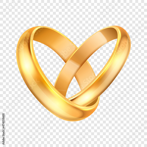 Vector 3d Realistic Golden Metal Wedding Ring Set Closeup. Design Template of Shiny Rings in the Shape of Heart. Wedding, Engagement, Love, Romantic, Jewelry Store Concept. Rings Clipart, Mockup