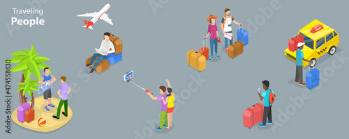3D Isometric Flat Vector Conceptual Illustration of Set of Scenes with Traveling People, Vacation and Tourism