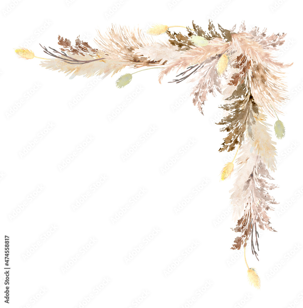 Pampas grass watercolor border. Hand painted boho floral neutral colors