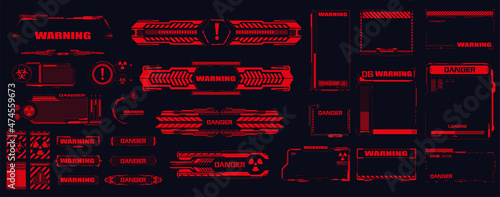 An error or damage during an attack and system failure. High-tech and digital cyber frames warn of a warning on the screen. Warning frame. Abstract tech design. Hi-tech callout bar labels. Vector