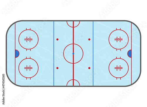 Ice hockey rink. Top view arena with scratches. Blue ice texture. Vector illustration