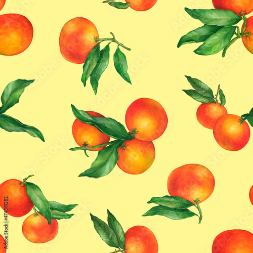Seamless pattern with mandarin orange (Citrus reticulata) on twigs with green leaves (mandarine, tangerine, clementine). Watercolor hand drawn painting illustration isolated on yellow background.