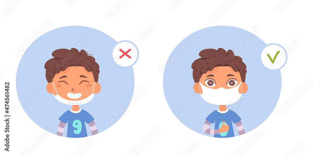 Boy wear protective face mask with proper and wrong way set of medical infographics Boy wear protective face mask with proper and wrong way set of medical infographics