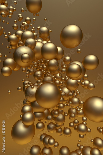 3D golden bubbles balls floating in air. Vertical bright background for graphic design, festive gold poster